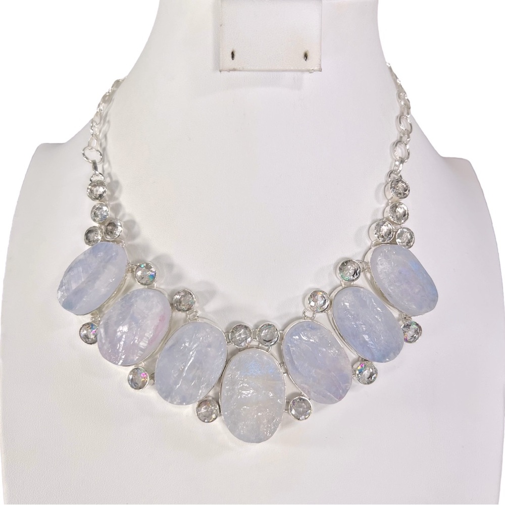 Icy Blue Rainbow Moonstone 925 Large Gemstone Necklace